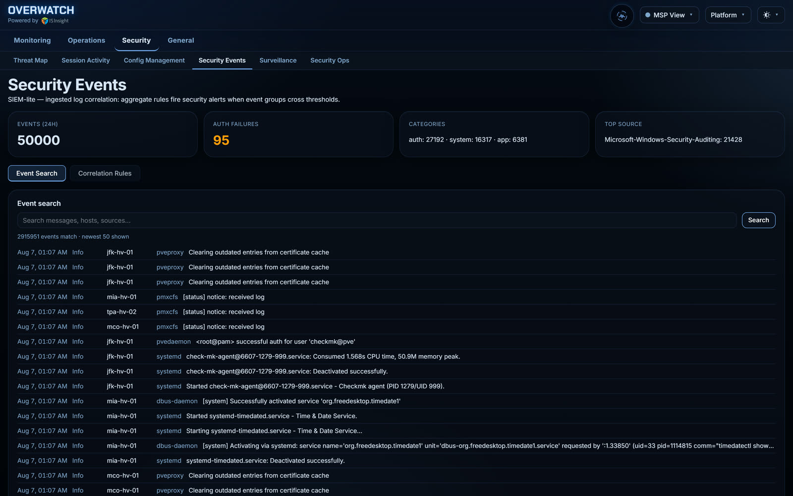 OverWatch Security Ops — active threats, policy engine, and a Walker-traced brute-force